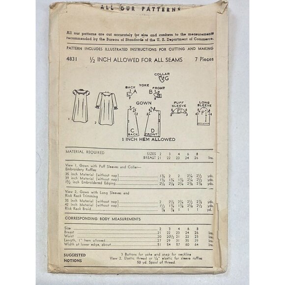 Vintage Advance Sewing Pattern Girls Dresses Nightgown Size 8 Pre-cut Unprinted - Picture 3 of 9